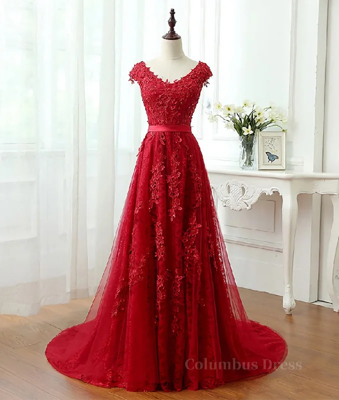 Warehouse Sale Burgundy tulle lace applique long Corset Prom dress, burgundy evening dress outfit Warehouse Sale Burgundy tulle lace applique long Corset Prom dress, burgundy evening dress outfit