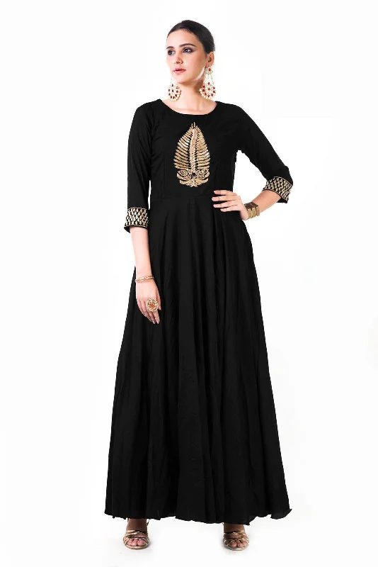 Today’s Special Black Leaf Hand Embroidered Silk Anarkali Gown