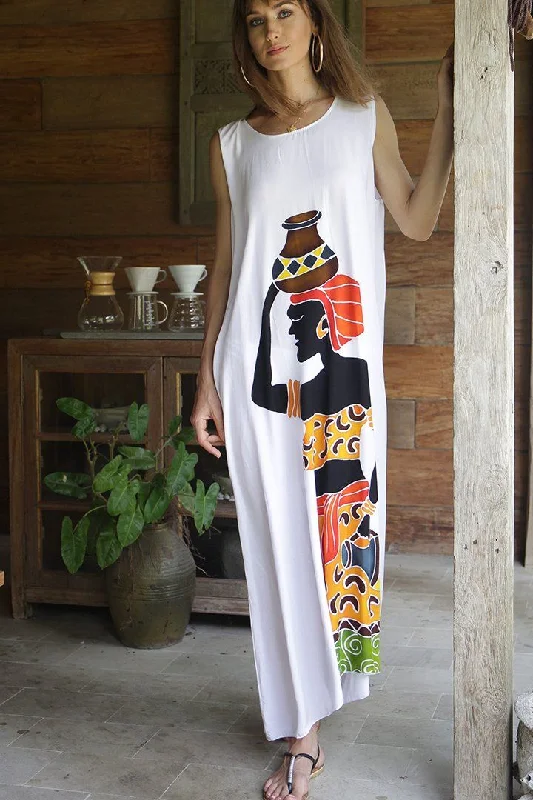 Value Deals SHU-SHI Women's Loose Sleeveless Tank Dress - Casual Beach Cover-Up Sundress with Hand-Painted Tribal Design