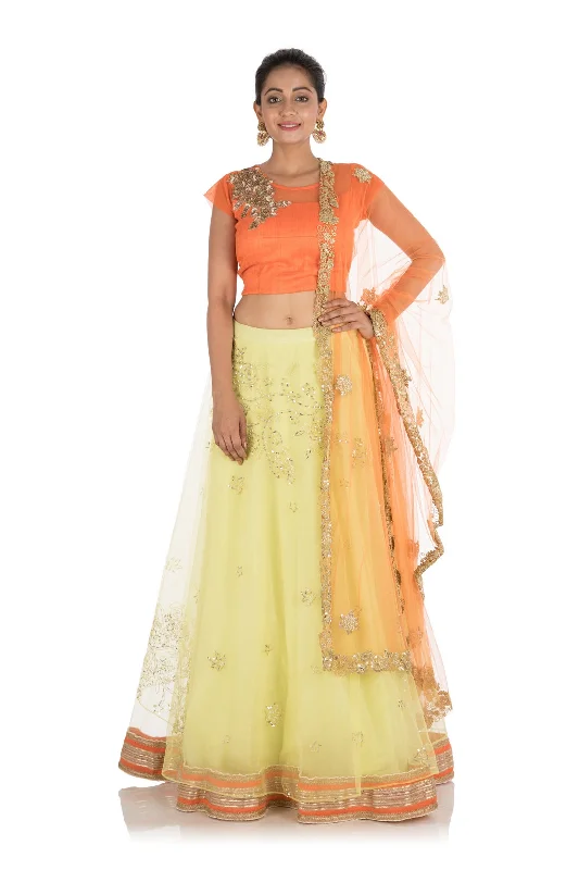 Seasonal Clearance Hand Embroidered Bright Yellow And Orange Net Lehenga Set