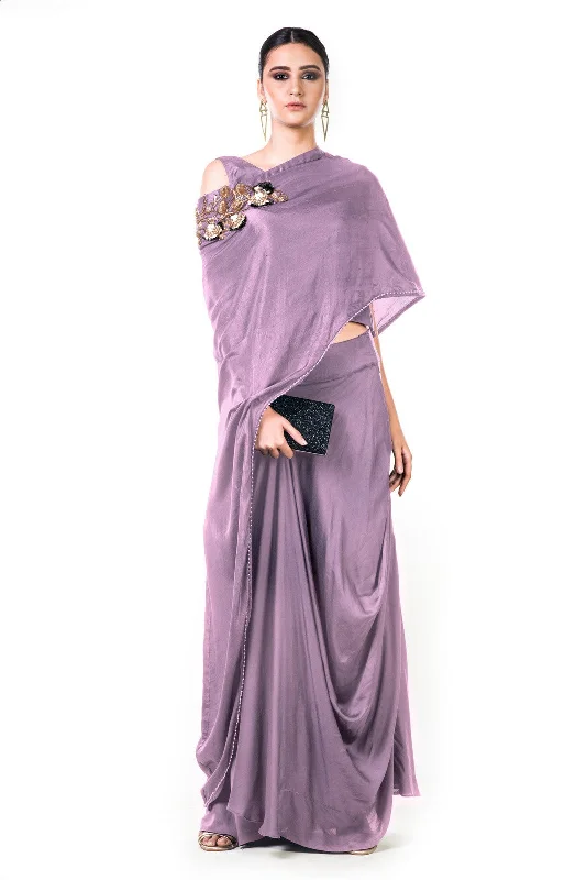 Lowest Price Mauve Draped Gown With A Hand Embroidered Cape Dupatta