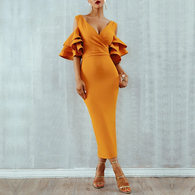 Buy Now Women's Summer Sheath Long V-Neck Dress With Ruffles