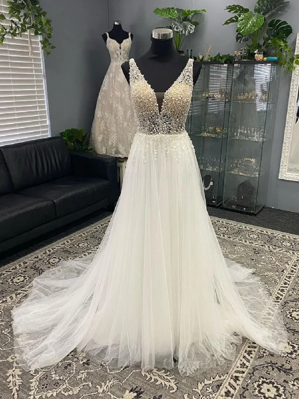 Reduced Prices White v neck tulle sequin beads long Corset Prom dress, A line evening dress outfit Reduced Prices White v neck tulle sequin beads long Corset Prom dress, A line evening dress outfit