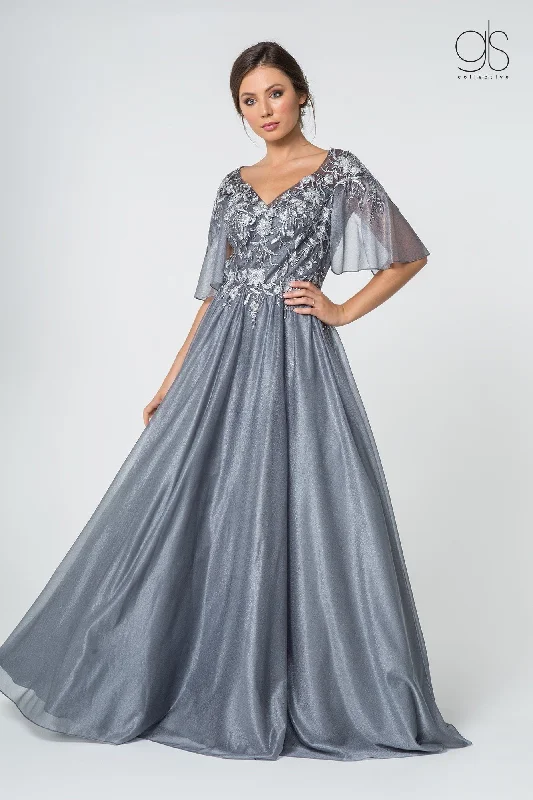 Take Advantage Long Floral Applique Dress with Flutter Sleeves by Elizabeth K GL2830
