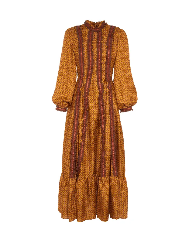 Friends and Family Sale Gigi Gold Geo Print Silk Maxi Dress