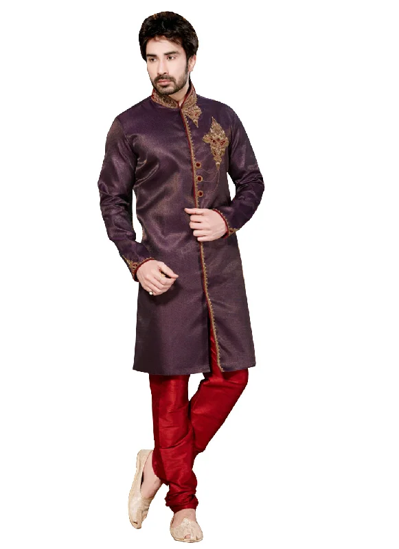 Today Only Wine Jacquard Silk Indian Wedding Indo-Western Sherwani For Men
