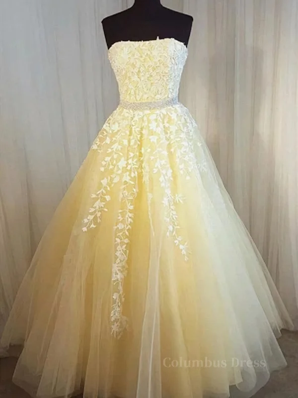 Steals and Deals Strapless Yellow Lace Long Corset Prom Dresses, Yellow Lace Corset Formal Evening Dresses outfit