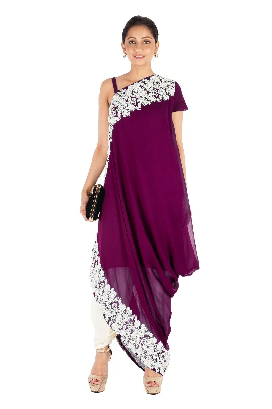 Lowest Prices Hand Embroidered Plum Drape Kurti With Dhoti Pant.