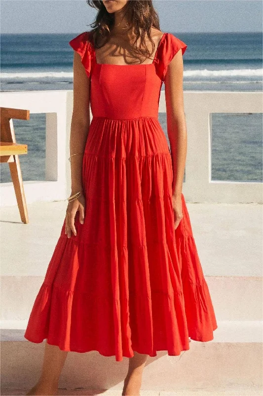 Best Deals Lady In Red Ruffle Sleeve Dress
