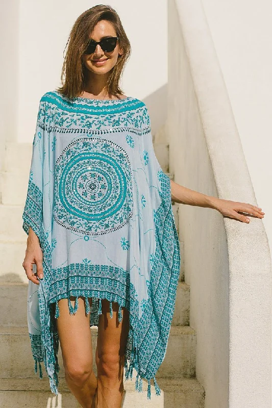 Price Break SHU-SHI Women's Short Poncho Beach Dress - Ethnic Mandala Cover-Up Kaftan with V-Neck and Sequins Price Break SHU-SHI Women's Short Poncho Beach Dress - Ethnic Mandala Cover-Up Kaftan with V-Neck and Sequins