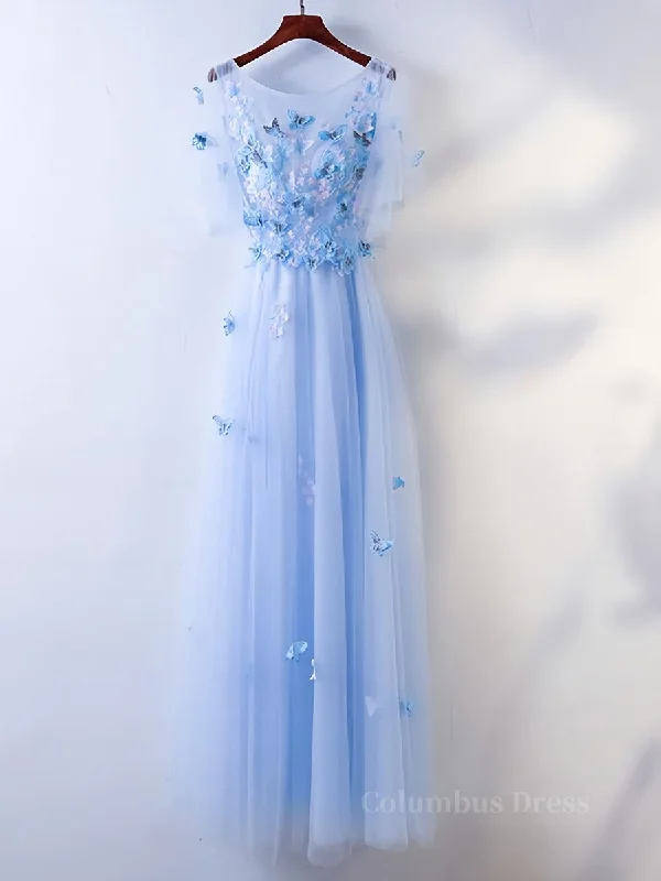 Shop and Save Half Sleeves Round Neck Blue Floral Long Corset Prom Dresses, Blue Long Corset Formal Evening Dresses with Flower outfit Shop and Save Half Sleeves Round Neck Blue Floral Long Corset Prom Dresses, Blue Long Corset Formal Evening Dresses with Flower outfit