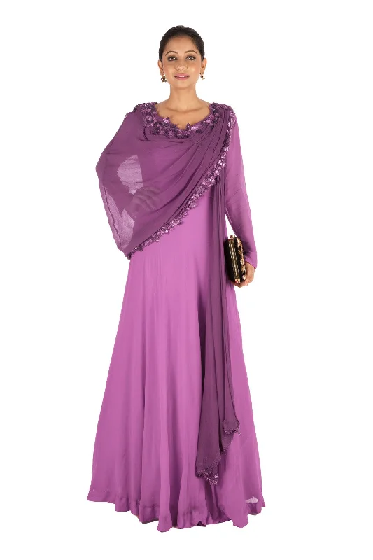 Act Fast Hand Embroidered Purple Gown With Attahed Dupatta