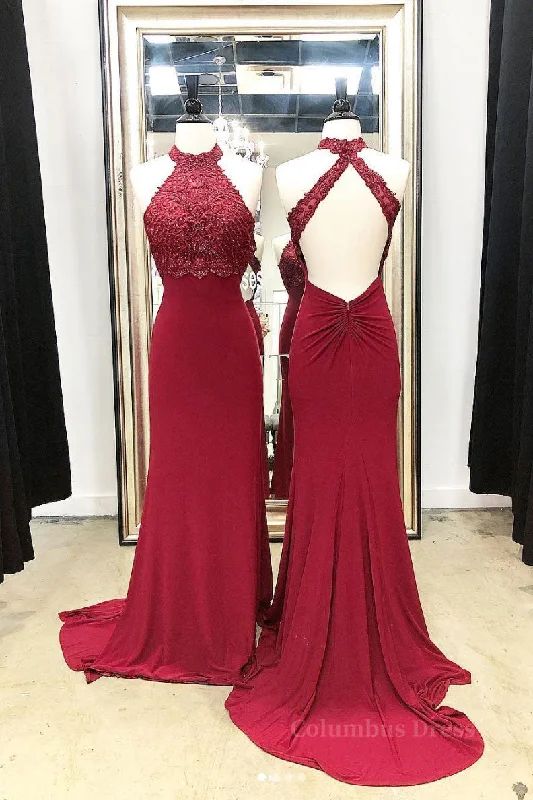 Unbeatable Prices Burgundy high neck lace mermaid long Corset Prom dress, lace evening dress outfit Unbeatable Prices Burgundy high neck lace mermaid long Corset Prom dress, lace evening dress outfit