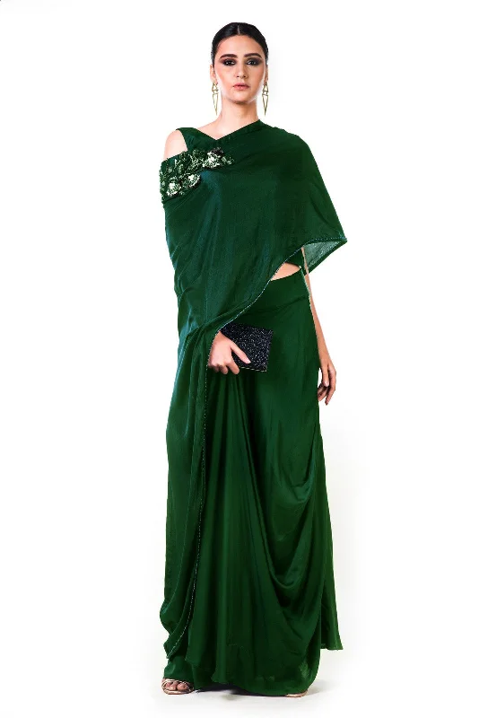 Deal Dash Bottle Green Draped Gown With A Hand Embroidered Cape Dupatta.