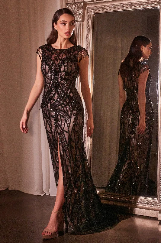 Final Clearance Sequin Fringe Cap Sleeve Slit Gown by Ladivine CC4007