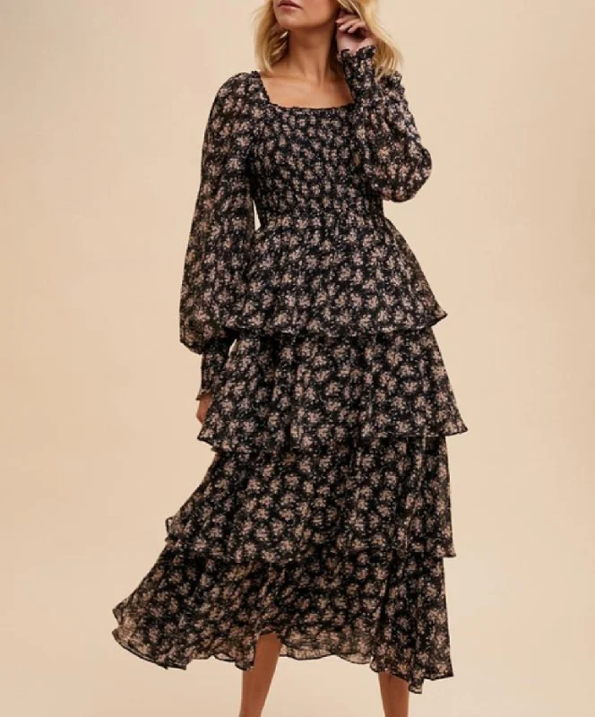 One-DAY Sale The Clark Floral Ruffle Maxi Dress in Black