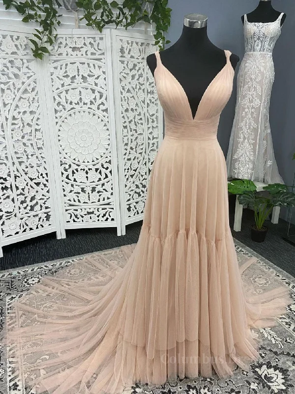 Quick Sale Simple v neck champagne tulle long Corset Prom dress, champagne evening dress outfit Quick Sale Simple v neck champagne tulle long Corset Prom dress, champagne evening dress outfit