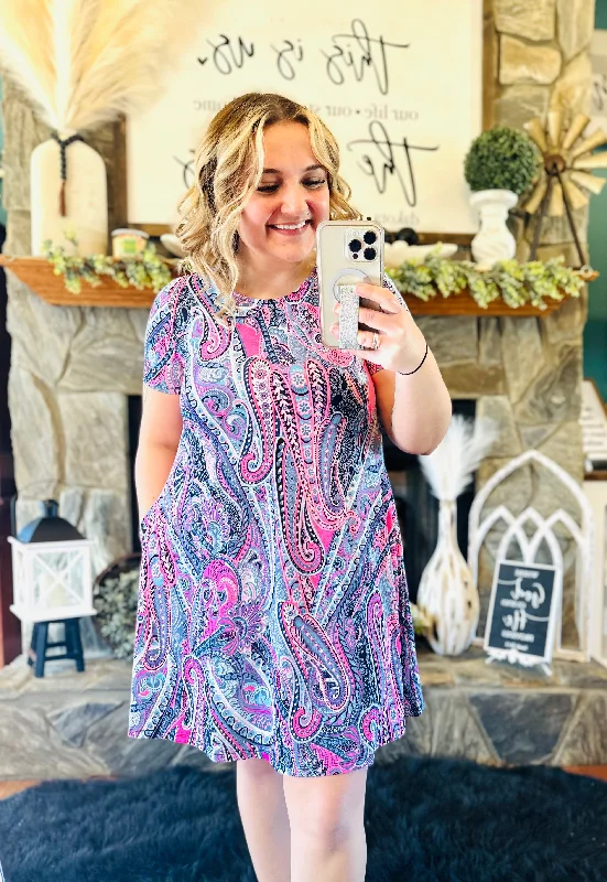 Great Deals Pink / Blue Paisley Dress With Pockets