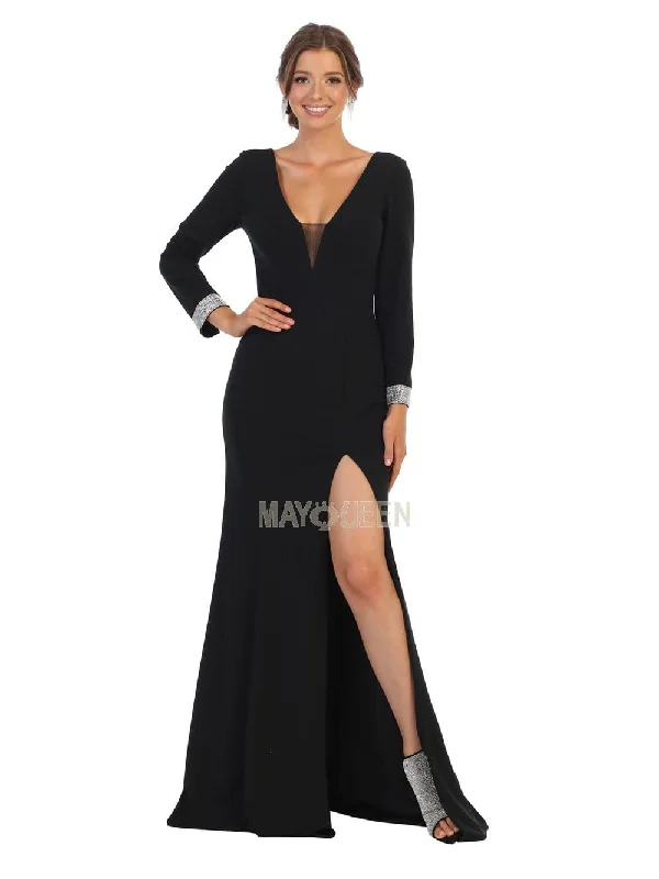 Steals and Deals May Queen - MQ1761 Plunging V-Neck Long Sleeves Dress with Slit