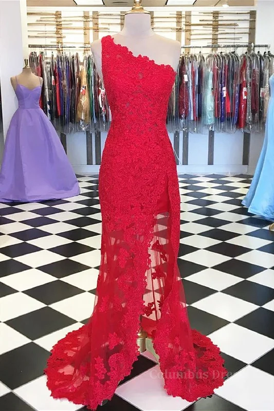 Unbeatable Prices One Shoulder Mermaid Red Lace Long Corset Prom Dresses with High Slit outfit Unbeatable Prices One Shoulder Mermaid Red Lace Long Corset Prom Dresses with High Slit outfit