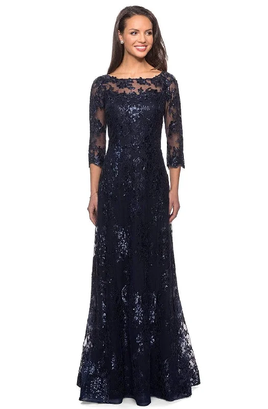 Epic Deals La Femme - 27885 Lace Quarter Length Sleeve Bateau A-line Dress