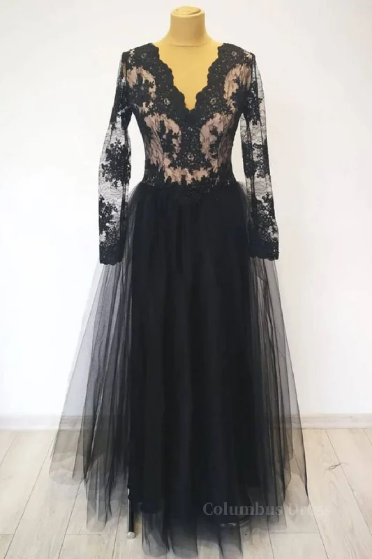 Limited Stock Long Sleeves V Neck Black Lace Long Corset Prom Dresses, Long Sleeves Black Corset Formal Dresses, Black Lace Evening Dresses outfit Limited Stock Long Sleeves V Neck Black Lace Long Corset Prom Dresses, Long Sleeves Black Corset Formal Dresses, Black Lace Evening Dresses outfit