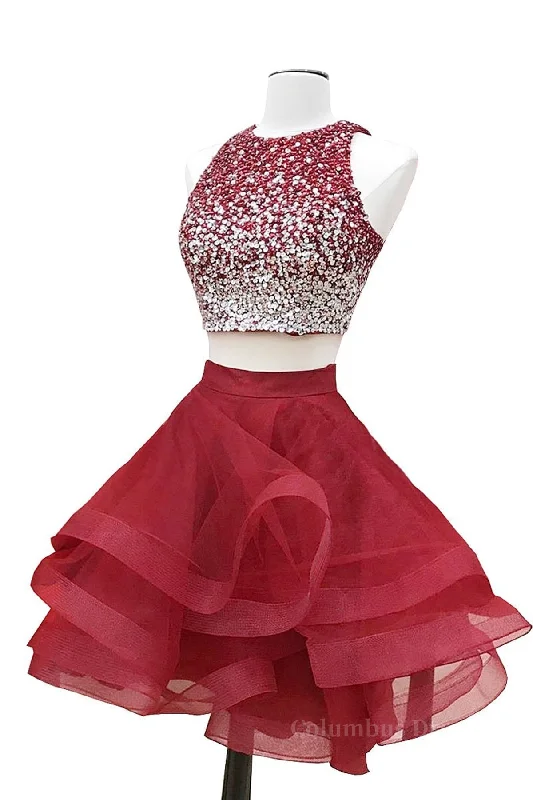 Midnight Madness 2 Pieces Short Burgundy Corset Prom Dresses, Two Pieces Short Wine Red Beaded Graduation Corset Homecoming Dresses outfit Midnight Madness 2 Pieces Short Burgundy Corset Prom Dresses, Two Pieces Short Wine Red Beaded Graduation Corset Homecoming Dresses outfit