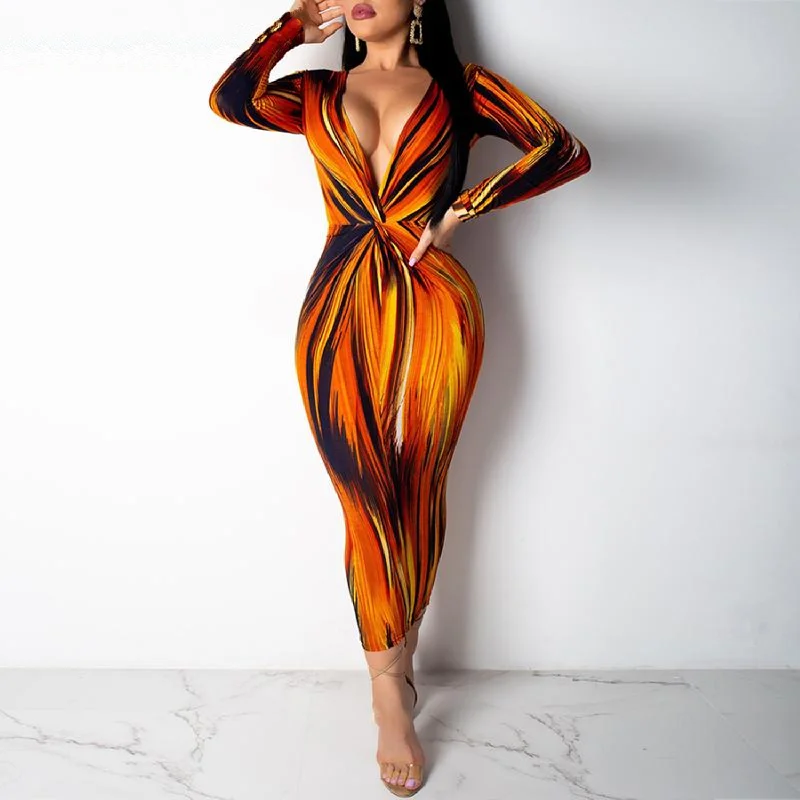 Exclusive Savings Women's Autumn Deep V-Neck Printed Long Sleeve Bodycon Dress