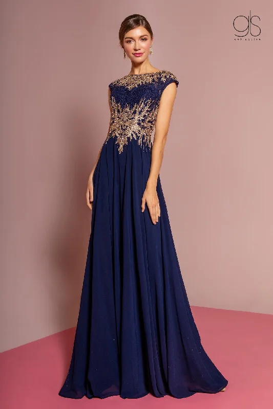 Shop and Save Long Cap Sleeve Dress with Lace Bodice by Elizabeth K GL2519