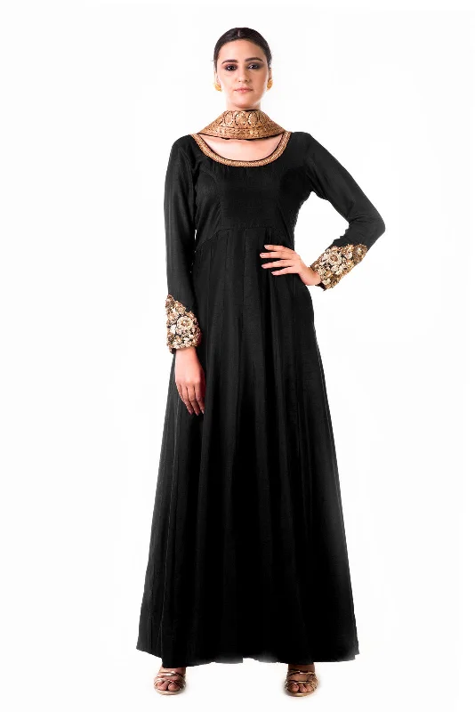 Buy More, Save More Black Bem-Silk Kali Dress With A Black Velvet Dupatta