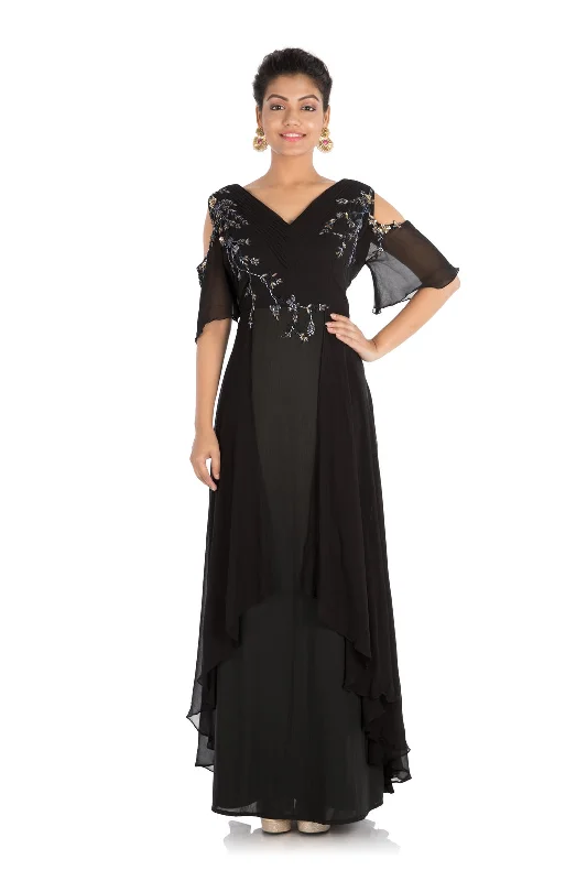Members Only Hand Embroidered Jet Black Cold Shoulder Dress