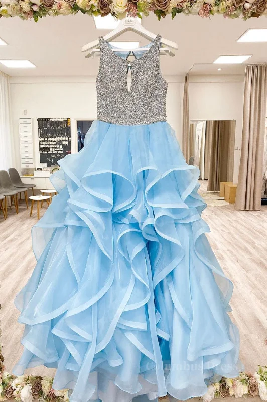 Extra Savings Blue round neck tulle sequin long Corset Prom dress blue tulle Corset Formal dress outfit Extra Savings Blue round neck tulle sequin long Corset Prom dress blue tulle Corset Formal dress outfit