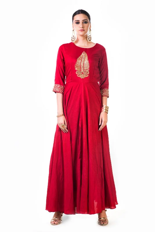 Holiday Sale Red Leaf Hand Embroidered Silk Anarkali Gown