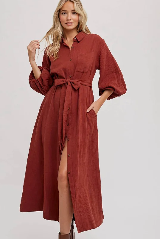 Deal Explosion Bubble Sleeve Belted Shirt Dress- Hazelnut