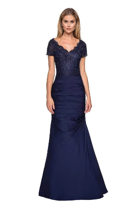 Holiday Sale La Femme - 26979 Short Sleeve Lace Bodice Pleated Trumpet Gown