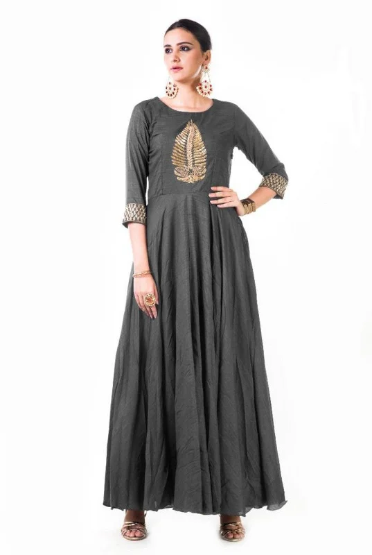 Grand Opening Sale Grey Leaf Hand Embroidered Silk Anarkali Gown