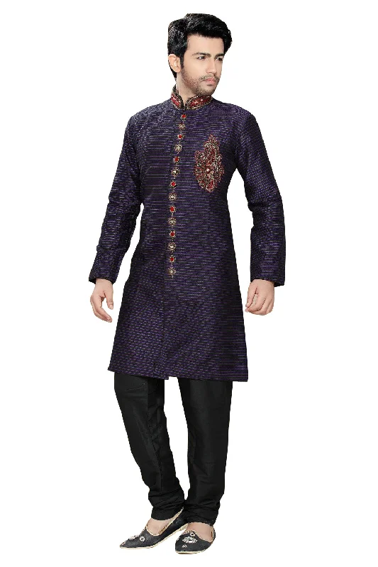 Price Reduction Violet & Black Art Silk Indian Wedding Indo-Western Sherwani For Men Price Reduction Violet & Black Art Silk Indian Wedding Indo-Western Sherwani For Men
