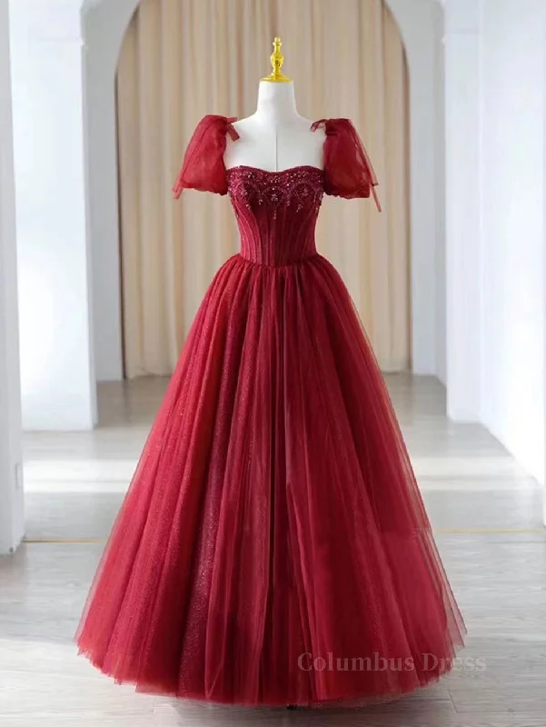 Quick Sale Burgundy A line tulle beads long Corset Prom dress burgundy Corset Formal dress outfit