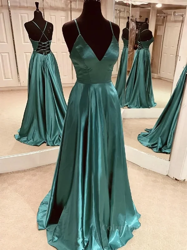Bargain Prices A Line V Neck Green Satin Long Corset Prom Dresses, Backless Green Long Corset Formal Evening Dresses outfit Bargain Prices A Line V Neck Green Satin Long Corset Prom Dresses, Backless Green Long Corset Formal Evening Dresses outfit