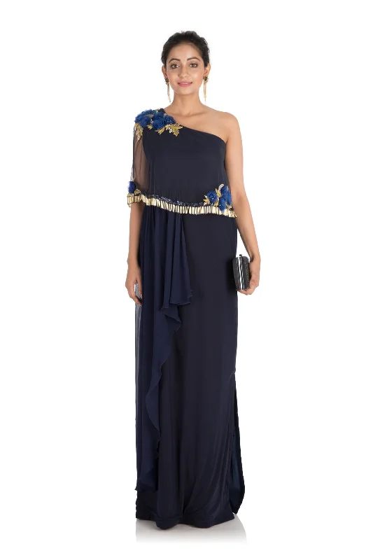 Time-Limited Offer Hand Embroidered Midnight Blue Pleated Dress