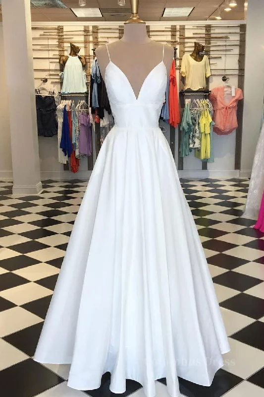 Limited Edition Simple white v neck satin long Corset Prom dress white evening dress outfit