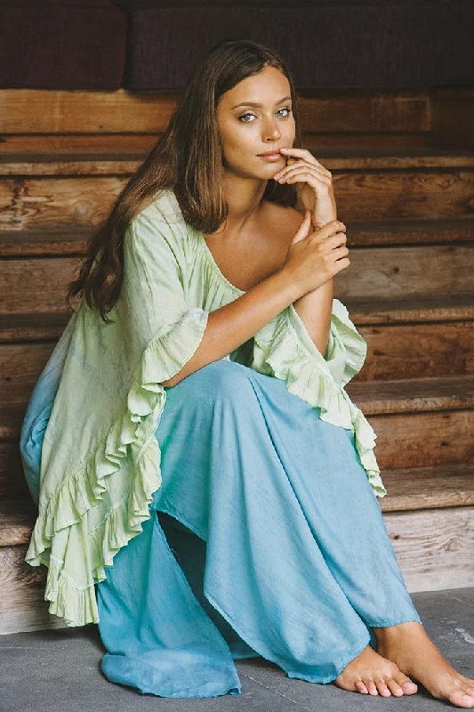 Flash Sale Shu-Shi Tie-Dye Caftan Dress with Trompette 3/4 Sleeves - Long, Lime/Turquoise, Small/Medium Flash Sale Shu-Shi Tie-Dye Caftan Dress with Trompette 3/4 Sleeves - Long, Lime/Turquoise, Small/Medium