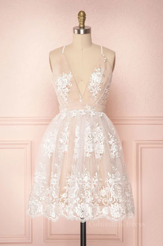 Referral Discount Champagne v neck tulle lace short Corset Prom dress champagne tulle Corset Bridesmaid dress outfit Referral Discount Champagne v neck tulle lace short Corset Prom dress champagne tulle Corset Bridesmaid dress outfit