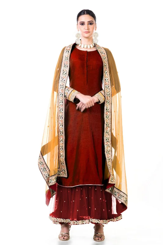 Midnight Madness Maroon Double Layer Dress With Beige Dupatta