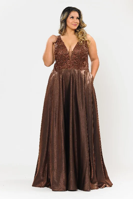 Special Savings Plus Size Long Embroidered Bodice Satin Dress by Poly USA W1032