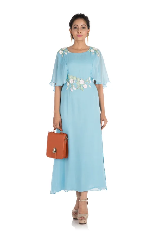 Super Bargain Hand Embroidered Sky Blue Tunic With Cape Sleeves