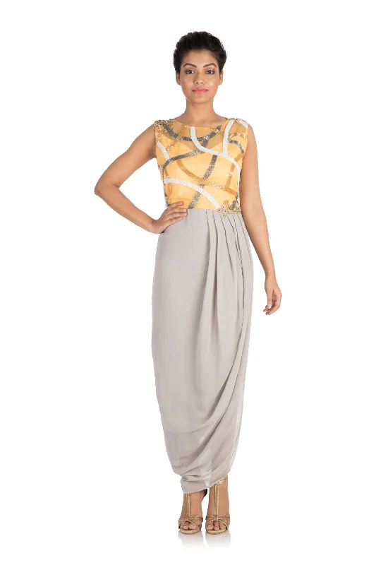 Inventory Reduction Hand Embroidered Earthy Grey Draped Dress With Mango Yellow Yoke Inventory Reduction Hand Embroidered Earthy Grey Draped Dress With Mango Yellow Yoke