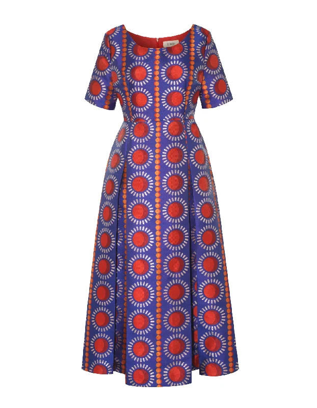 Midnight Madness Claudia Blue Sun Print Silk Jacquard Dress