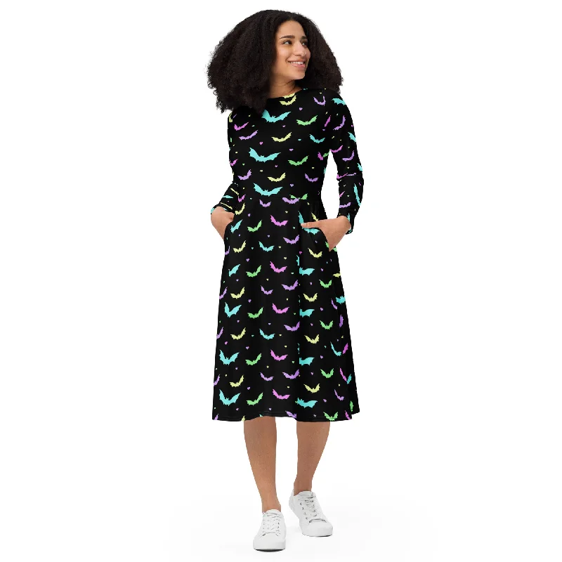 Bargain Prices Pastel Bat Ladies Long Sleeve Midi Dress with Pockets