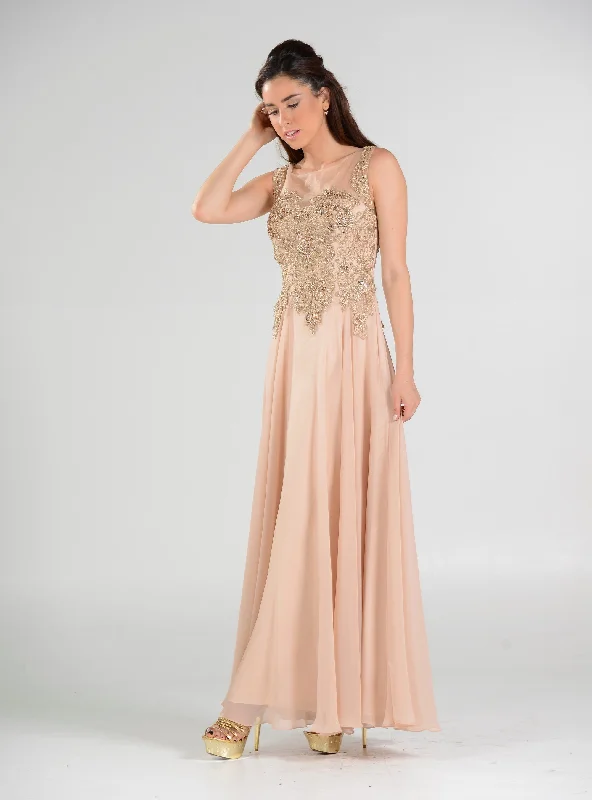 Clearance Sale Long Chiffon Dress with Lace Applique Bodice by Poly USA 7644